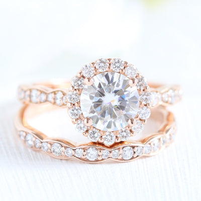 Round Cut Moissanite Ring With Halo Diamond Band