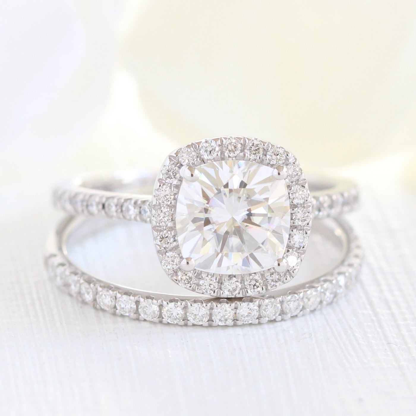 Cushion Cut Halo Pave Moissanite Ring With Diamond Band Ring