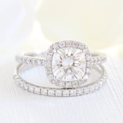 Cushion Cut Halo Pave Moissanite Ring With Diamond Band Ring
