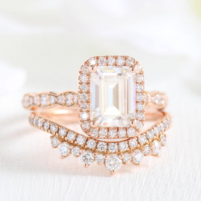 Emerald Cut Moissanite Ring With Crown Diamond Band Ring