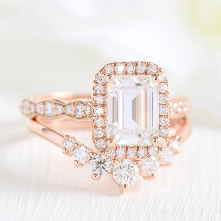 1.60ct Emerald Cut Moissanite Halo Ring With Curved Matching Band