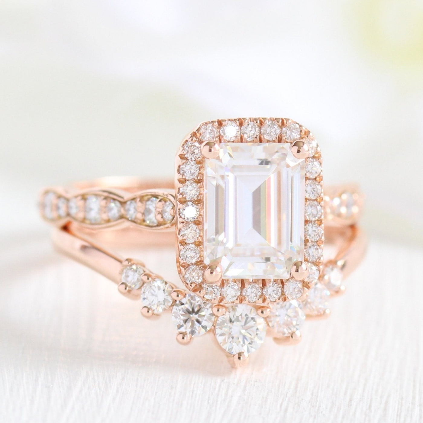 1.60ct Emerald Cut Moissanite Halo Ring With Curved Matching Band