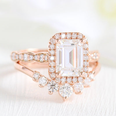 1.60ct Emerald Cut Moissanite Halo Ring With Curved Matching Band