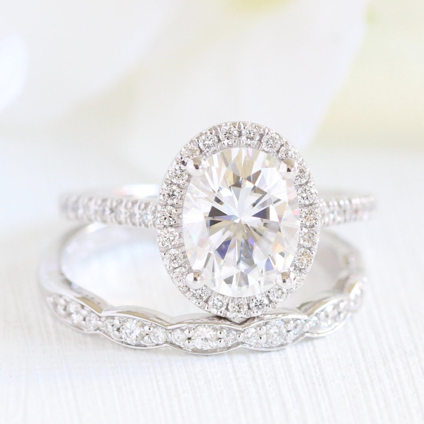 Oval Halo Pave Moissanite Ring With Scalloped Diamond Band