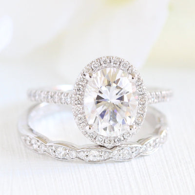 Oval Halo Pave Moissanite Ring With Scalloped Diamond Band