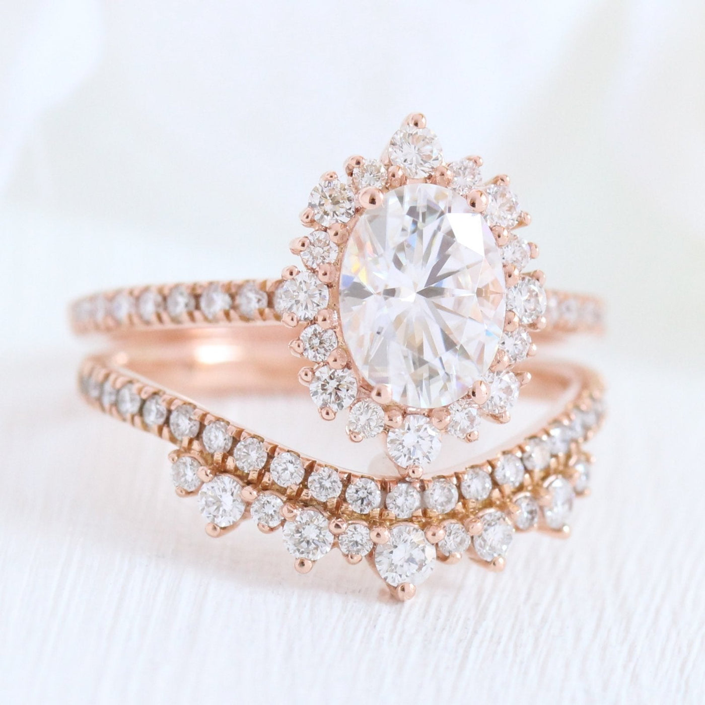 Oval moissanite with crown bridal set 14k in rose gold