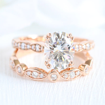 2.0ct Oval Moissanite Double Claw Ring with Matching Wedding Band