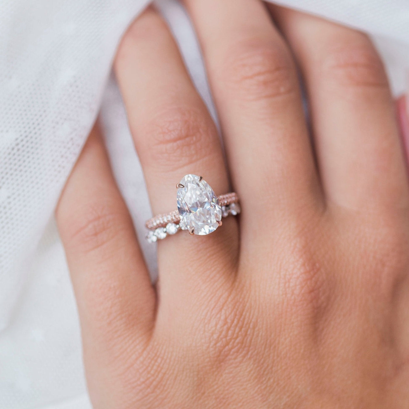 3.20CT Elongated Oval Cut Three Side Pave Moissanite Diamond Hidden Halo Engagement Ring