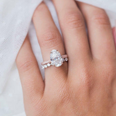 3.20CT Elongated Oval Cut Three Side Pave Moissanite Diamond Hidden Halo Engagement Ring