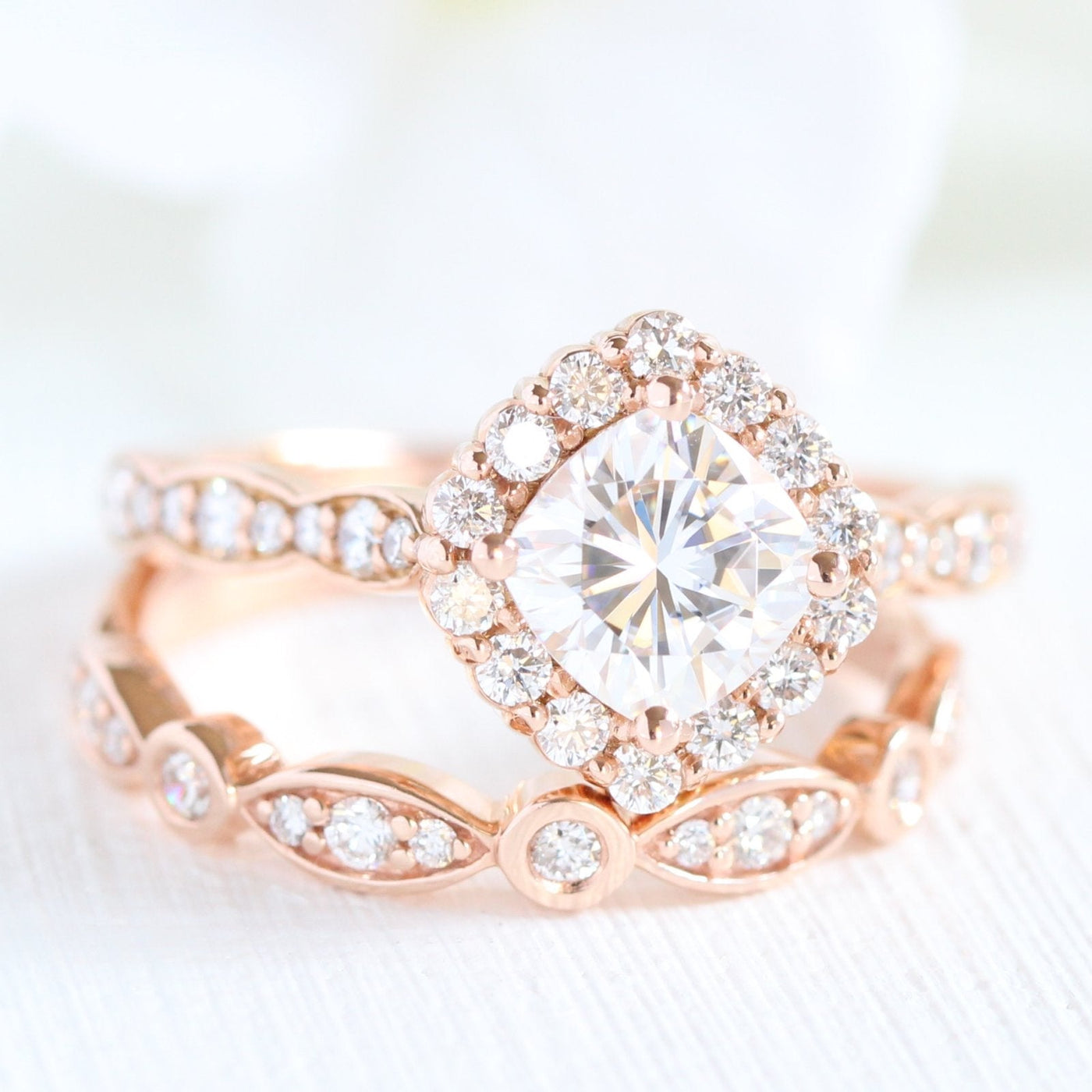 Cushion cut moissanite with halo bridal band set 14k in rose gold