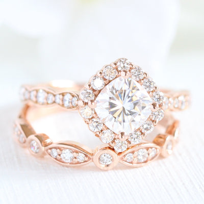 Cushion cut moissanite with halo bridal band set 14k in rose gold