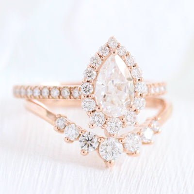 Pear cut moissanite with halo bridal band set 14k in rose gold