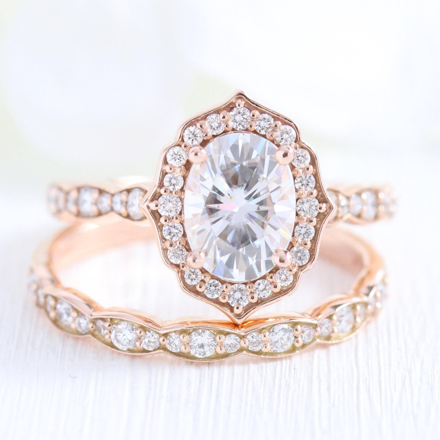 Oval cut moissanite with halo bridal band set 14k in rose gold