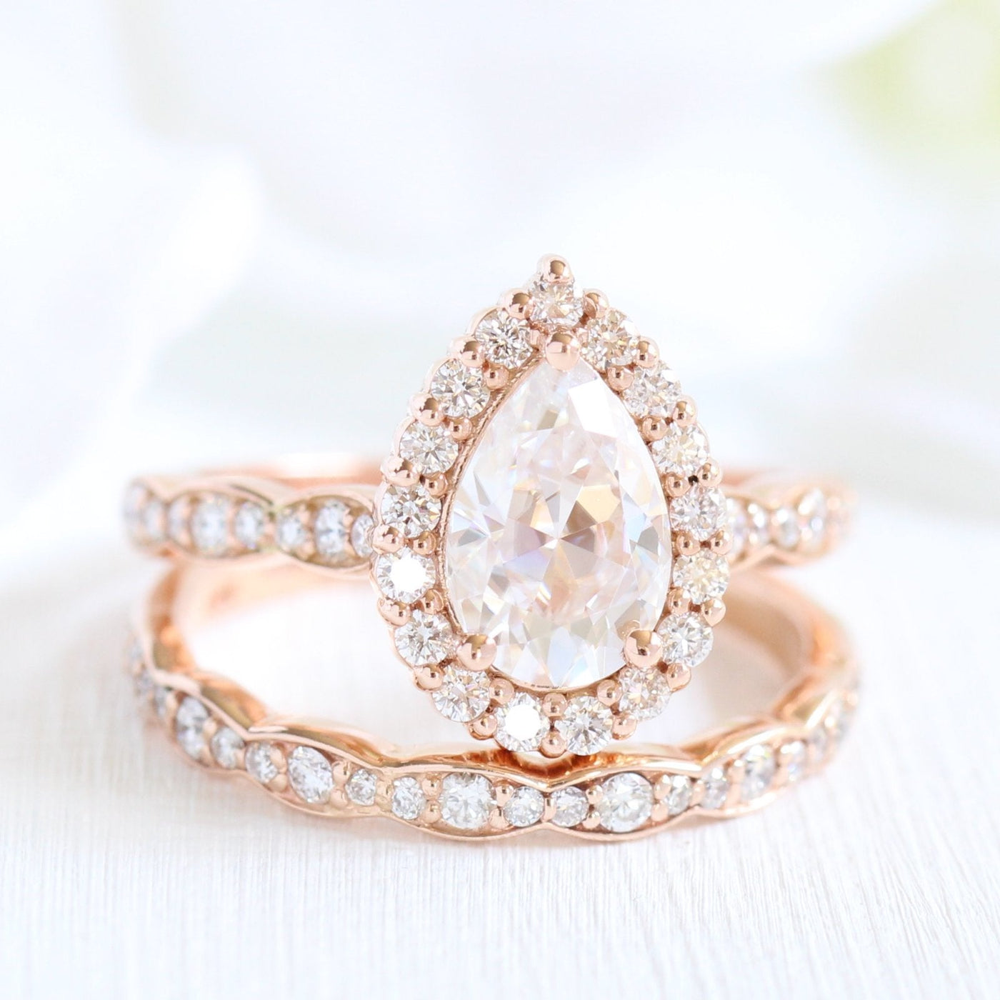 Pear cut moissanite with halo bridal band set 14k in rose gold