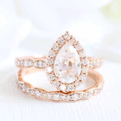 Pear cut moissanite with halo bridal band set 14k in rose gold