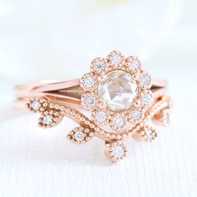 Round Cut Moissanite Ring With Leaf Diamond Band