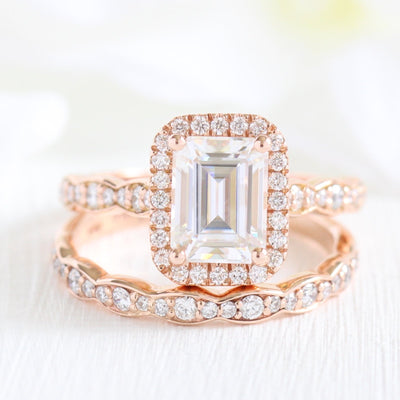 1.60ct Emerald Cut Moissanite Halo Engagement Ring with Match Wedding Band