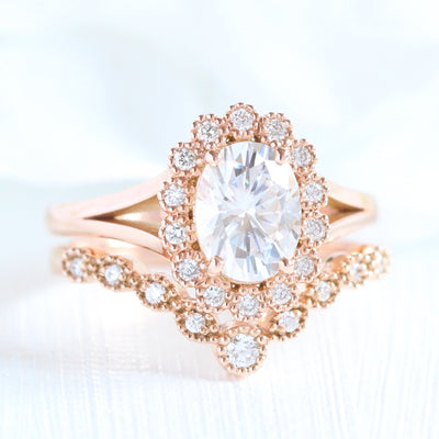 Oval cut moissanite with halo bridal band set 14k in rose gold