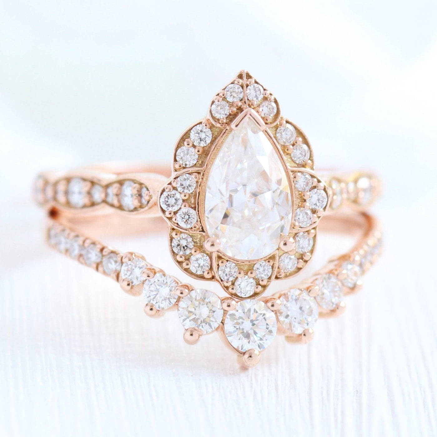 Pear cut moissanite with bridal band set 14k in rose gold