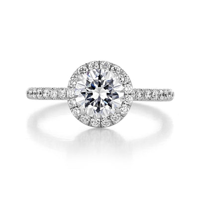 1.0CT Round Cut Halo Moissanite Engagement Ring in 18K White Gold