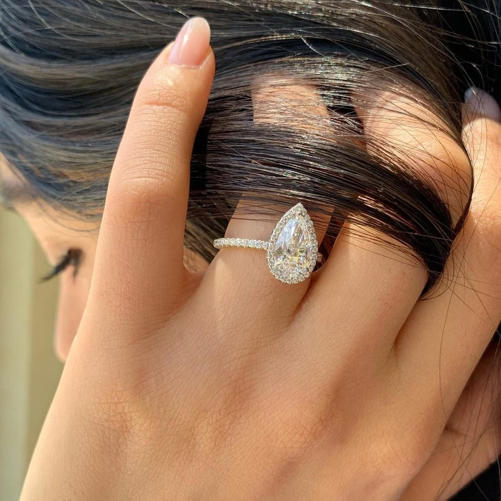 1.50CT Pear Cut Round Halo 3 Prongs Moissanite Engagement Ring