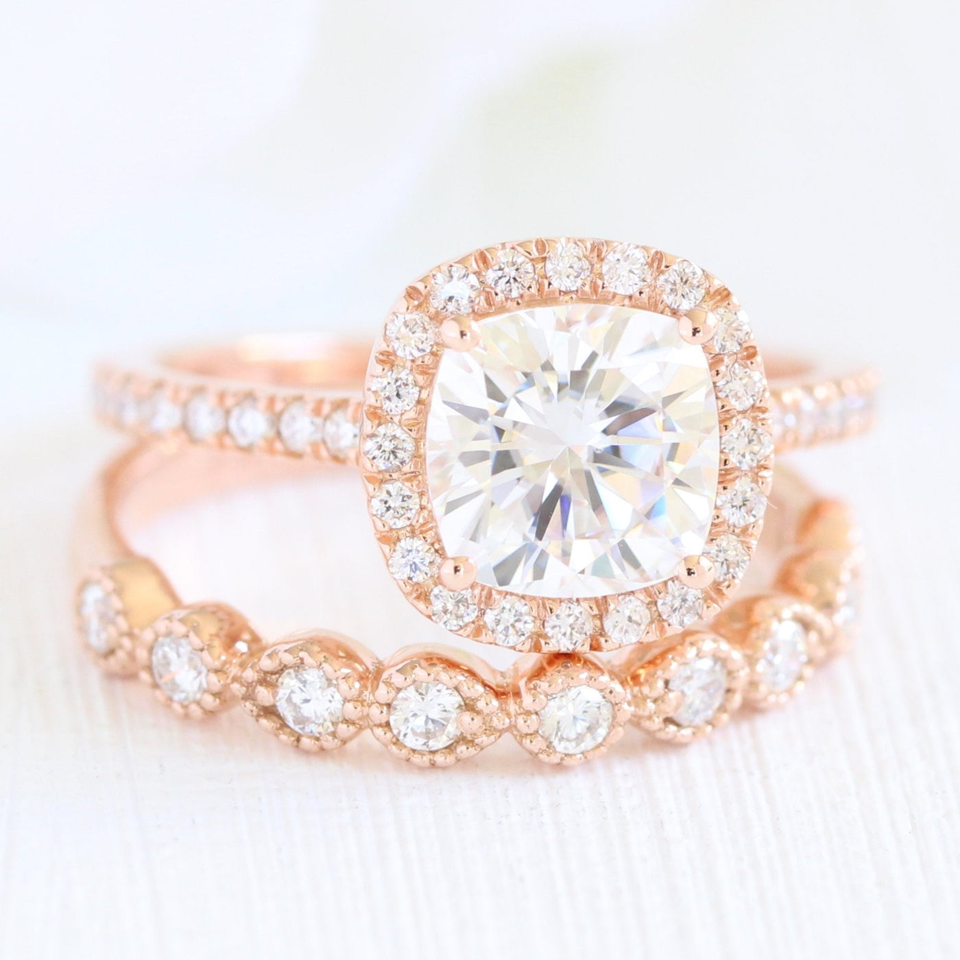 Cushion cut moissanite with halo bridal band set 14k in rose gold