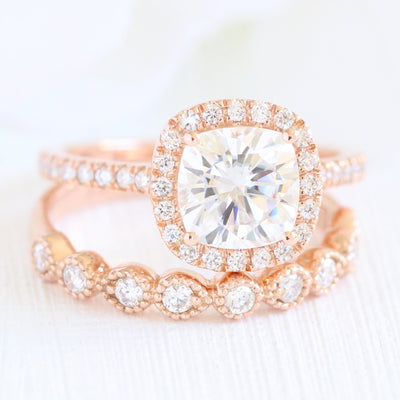 Cushion cut moissanite with halo bridal band set 14k in rose gold