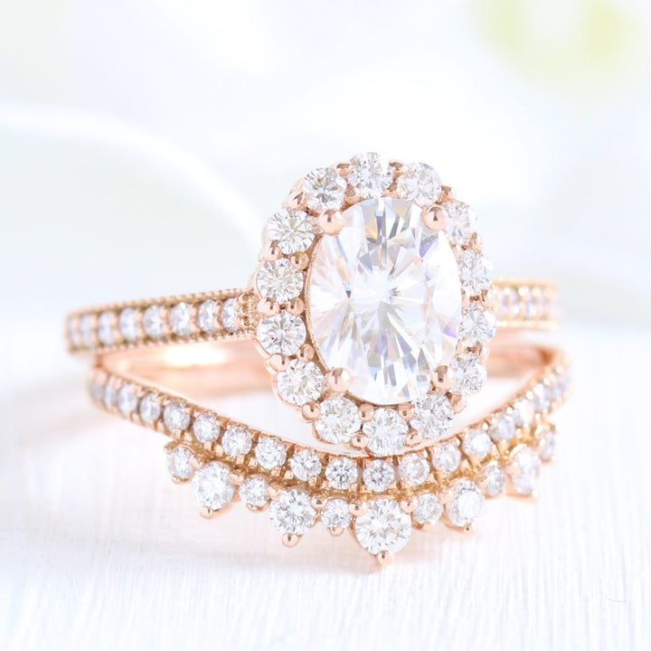 1.5ct Oval Cut Moissanite Halo Engagement Ring With Crown Wedding Band