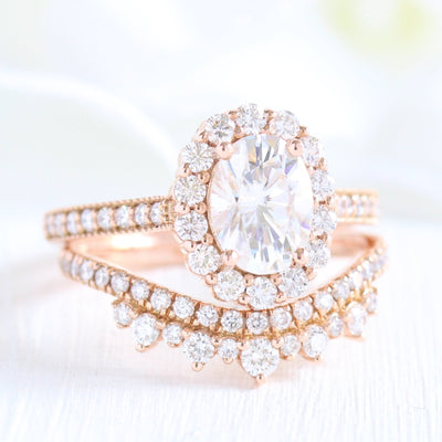 1.5ct Oval Cut Moissanite Halo Engagement Ring With Crown Wedding Band