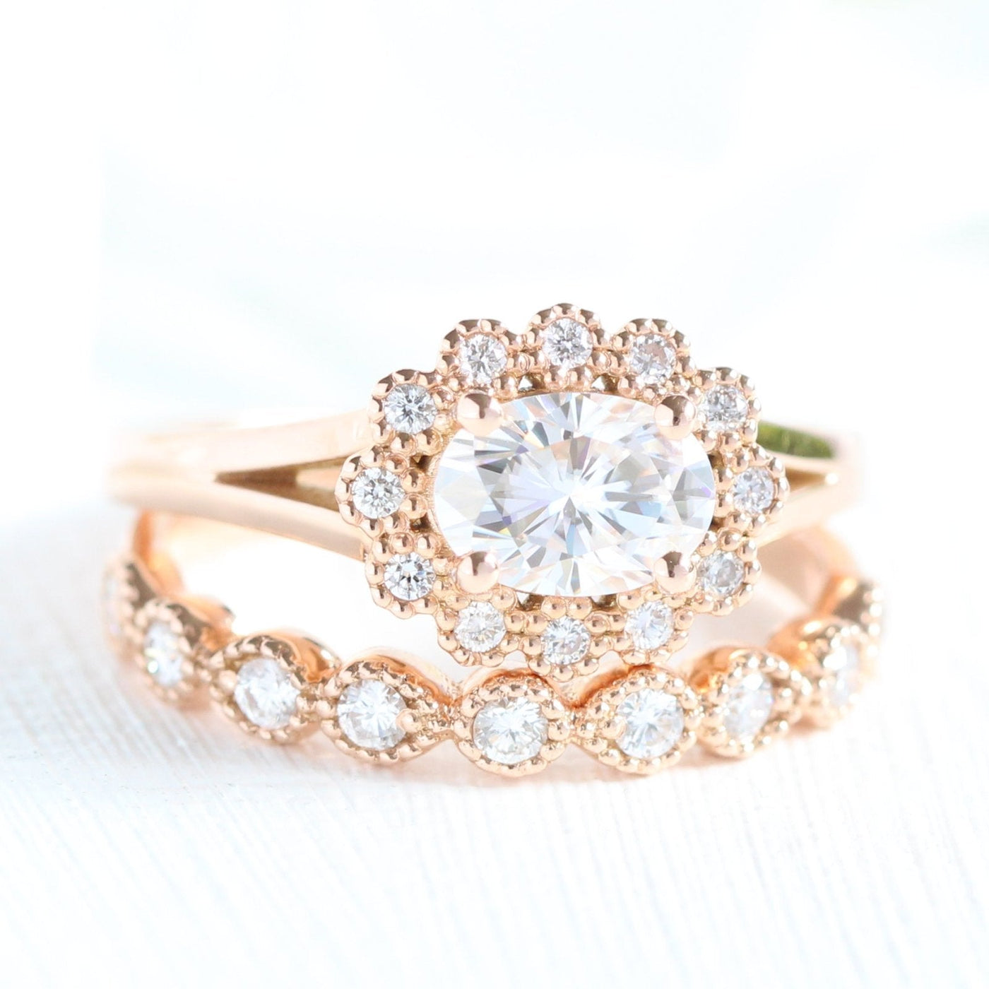 1.0ct Oval East-West Halo Engagement Ring With Bezel Wedding Band