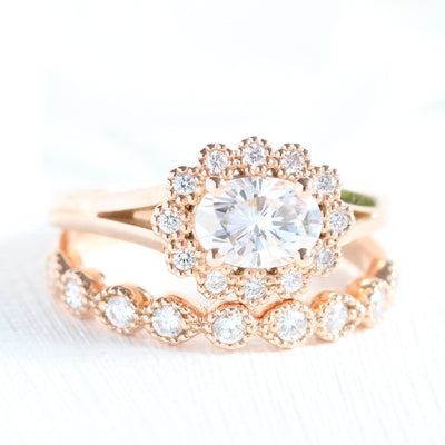 1.0ct Oval East-West Halo Engagement Ring With Bezel Wedding Band