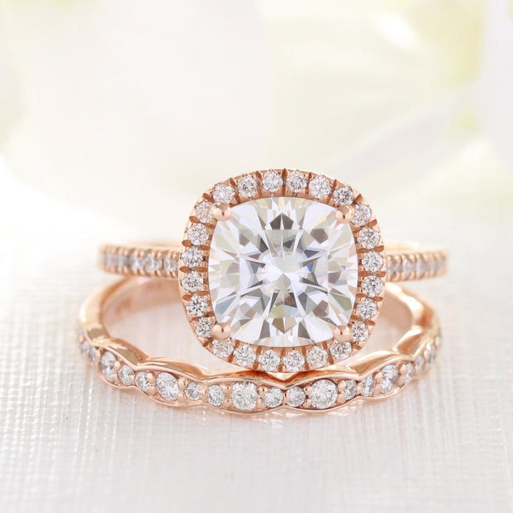 Cushion Halo Pave Moissanite Ring With Scalloped Diamond Band