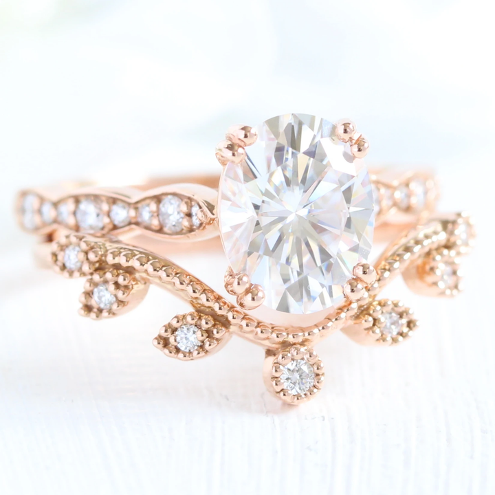 Oval Cut Moissanite Ring With Leaf Diamond Band