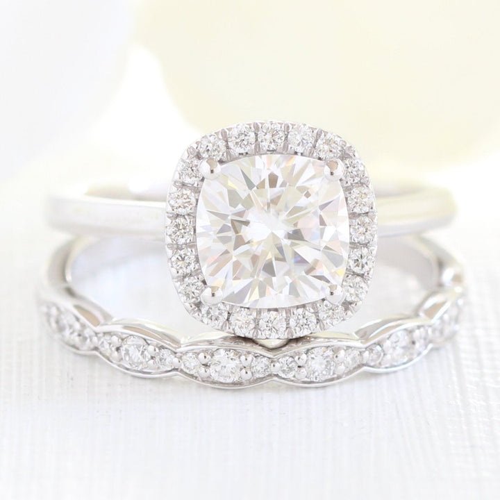 Solitaire Cushion Cut Halo Moissanite With Scalloped Band Ring