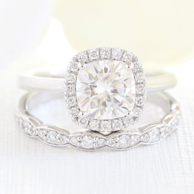Solitaire Cushion Cut Halo Moissanite With Scalloped Band Ring