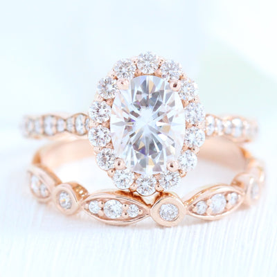 1.50ct Oval Moissanite Halo Engagement Ring With Matching Diamond Band