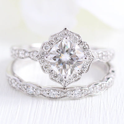 Cushion Cut Moissanite Ring With Diamond Band