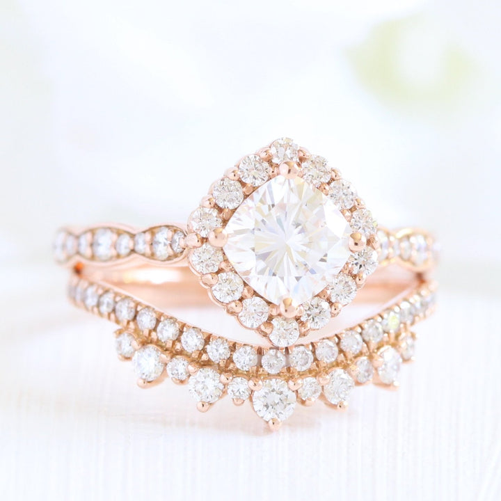 Cushion Cut Halo Ring in Scalloped Band With Crown Diamond Band Ring