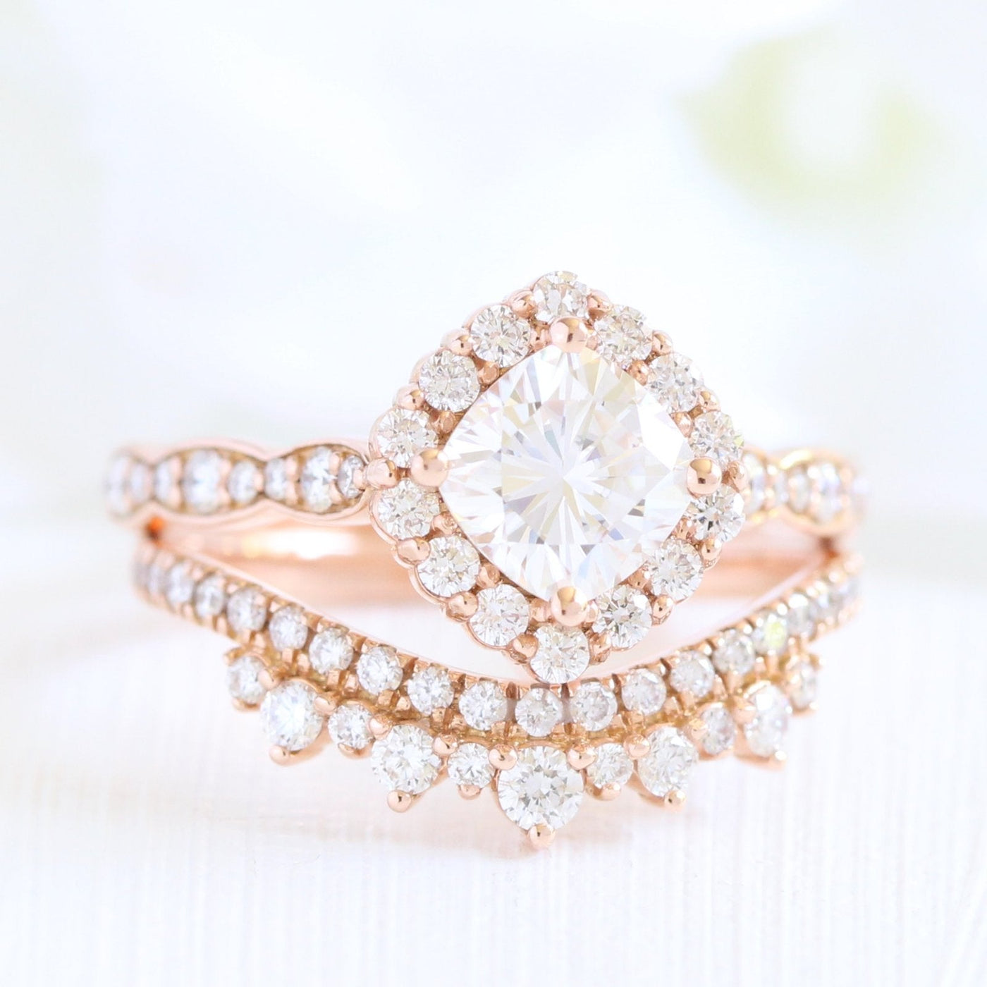 Cushion Cut Halo Ring in Scalloped Band With Crown Diamond Band Ring