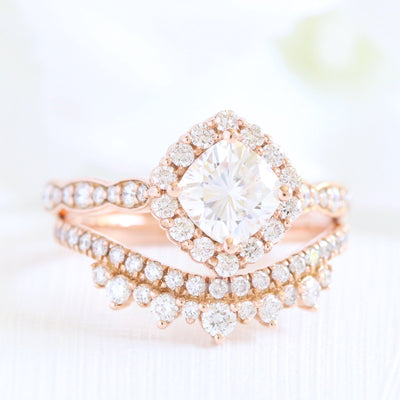 Cushion Cut Halo Ring in Scalloped Band With Crown Diamond Band Ring