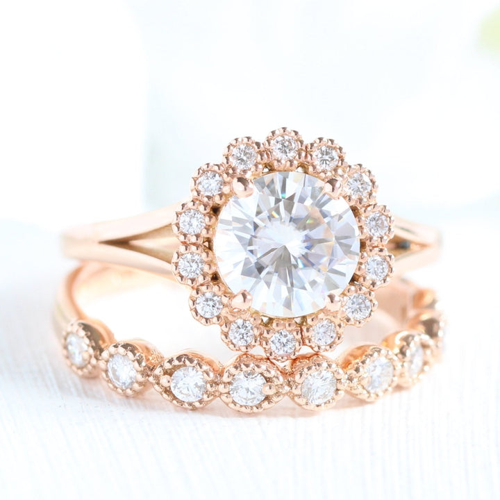 Vintage Round Cut Halo Moissanite Ring With Milgrain Diamond Band