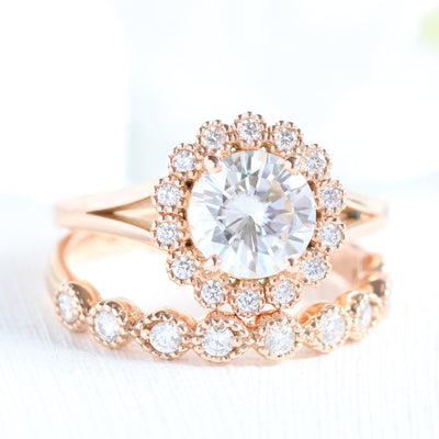 Vintage Round Cut Halo Moissanite Ring With Milgrain Diamond Band