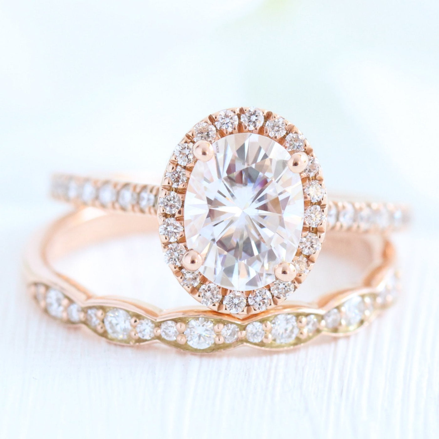 Oval Halo Pave Moissanite Ring With Scalloped Diamond Band