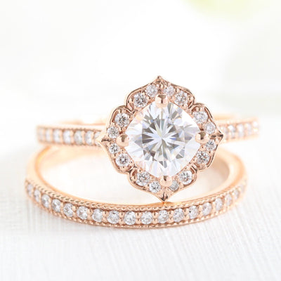 Cushion cut moissanite with bridal band set 14k in rose gold