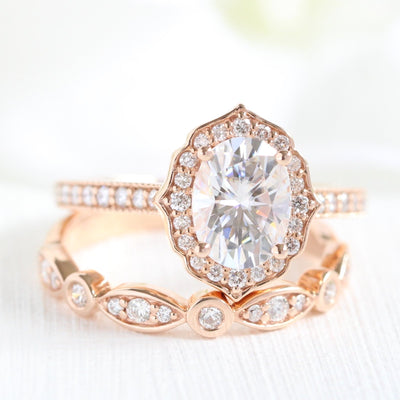 1.50ct Oval Cut Moissanite Unique Halo Ring With Bezel Wedding Band