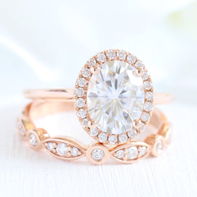 2.0ct Oval Moissanite Halo Engagement Ring with Bezel Diamond Band