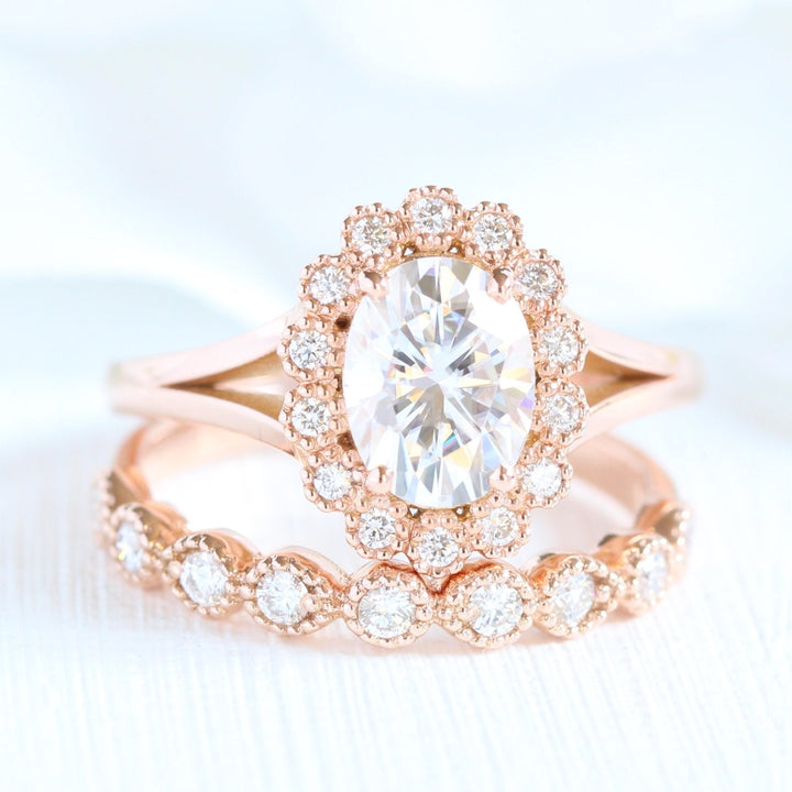 Vintage Oval Halo Moissanite Ring With Milgrain Diamond Band