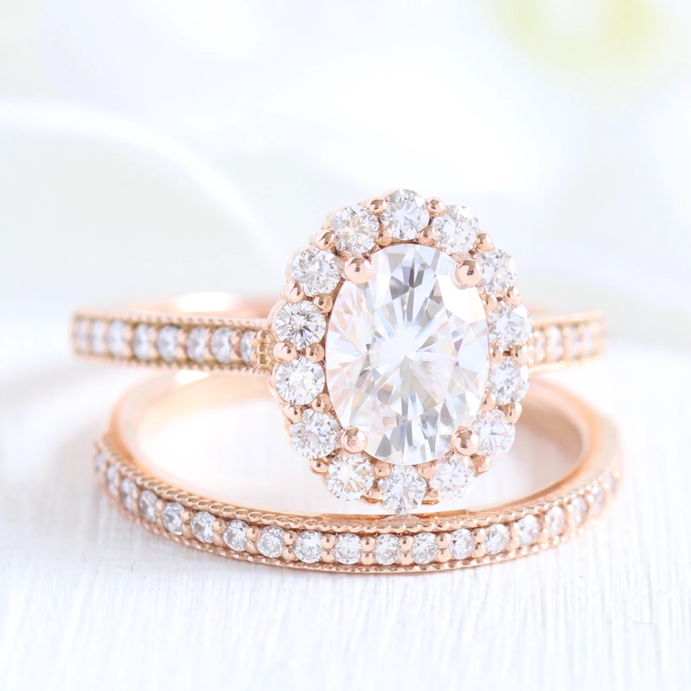 Oval cut moissanite with halo bridal band set 14k in rose gold