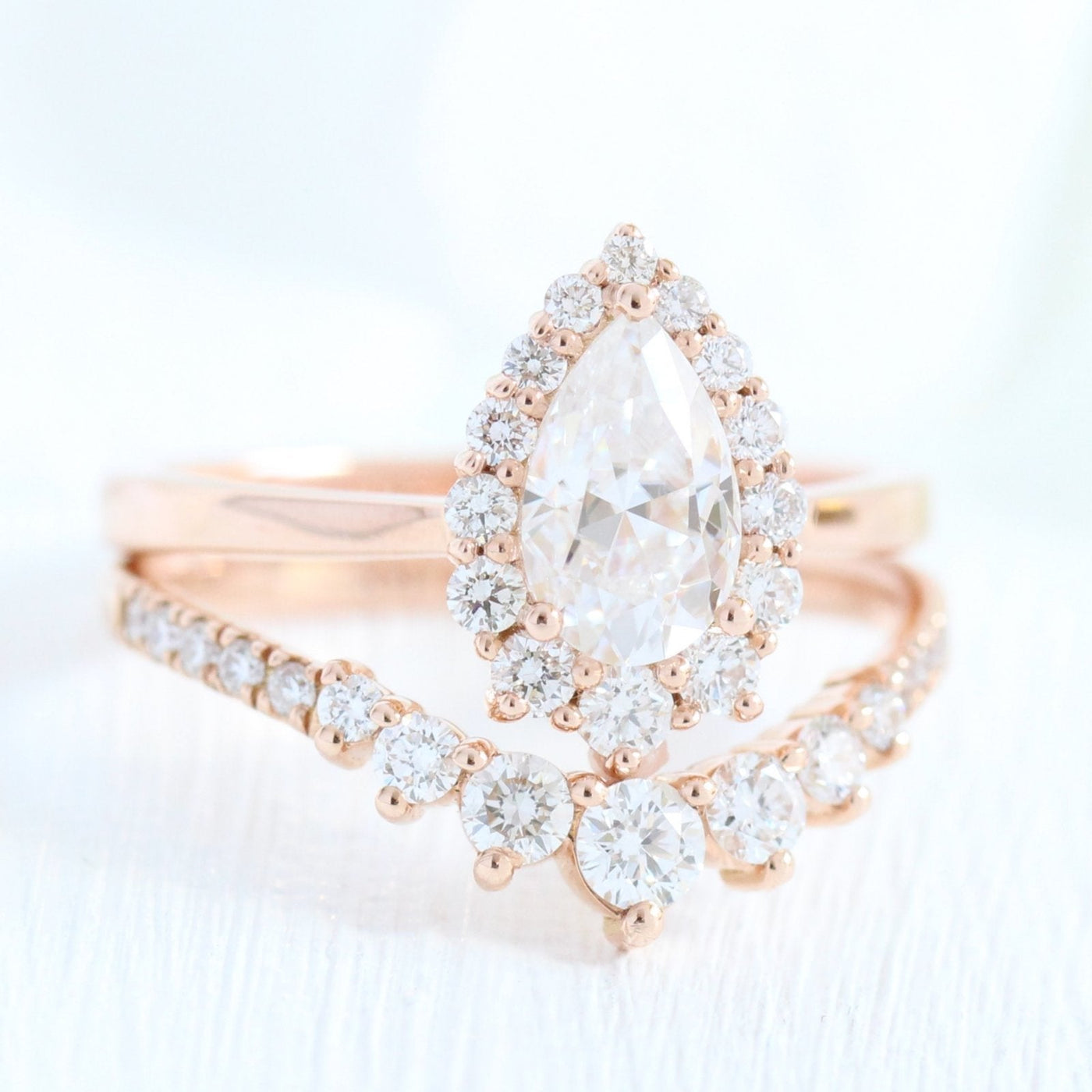 Pear cut moissanite with halo bridal band set 14k in rose gold