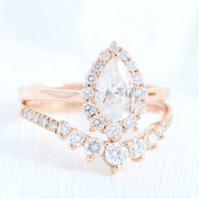 Pear cut moissanite with halo bridal band set 14k in rose gold